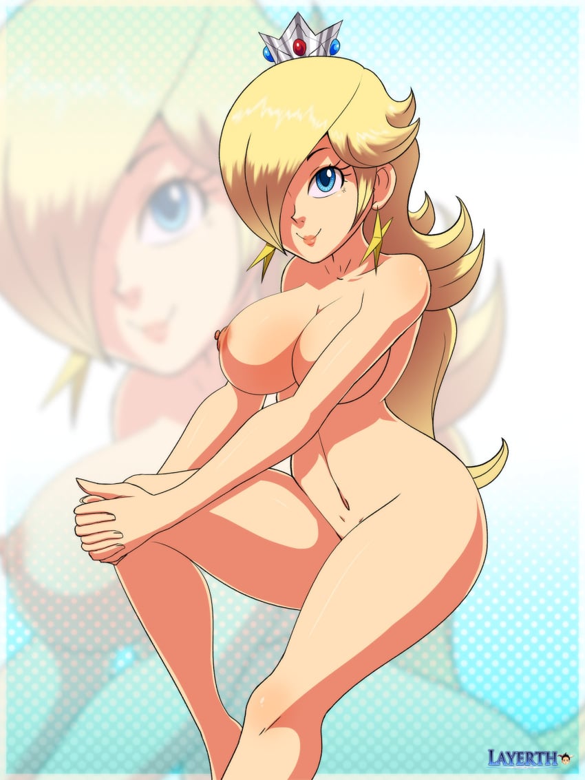 1girls areola big_breasts blue_eyes breasts crown earrings eyelashes female female_only hair_over_one_eye layerth light-skinned_female light_skin lips lipstick long_hair looking_at_viewer mario_(series) naked navel nintendo nipples nude platinum_blonde_hair princess_rosalina smile solo star_earrings thick thick_hips thick_thighs watermark wide_hips