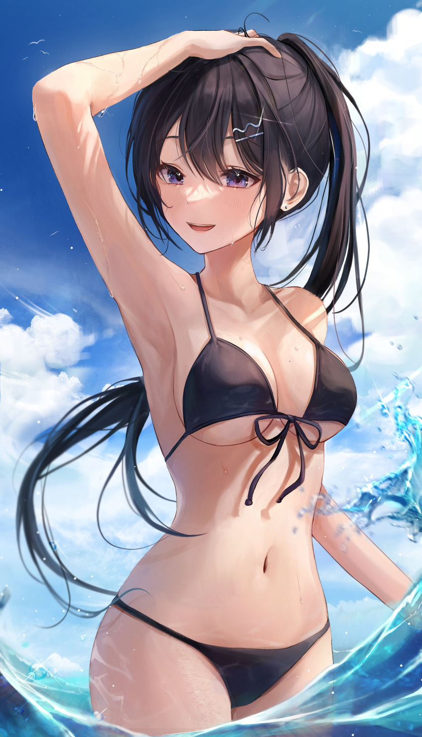 arm_up bathing black_bikini black_hair clouds female myowa ocean original purple_eyes smiling tagme wet