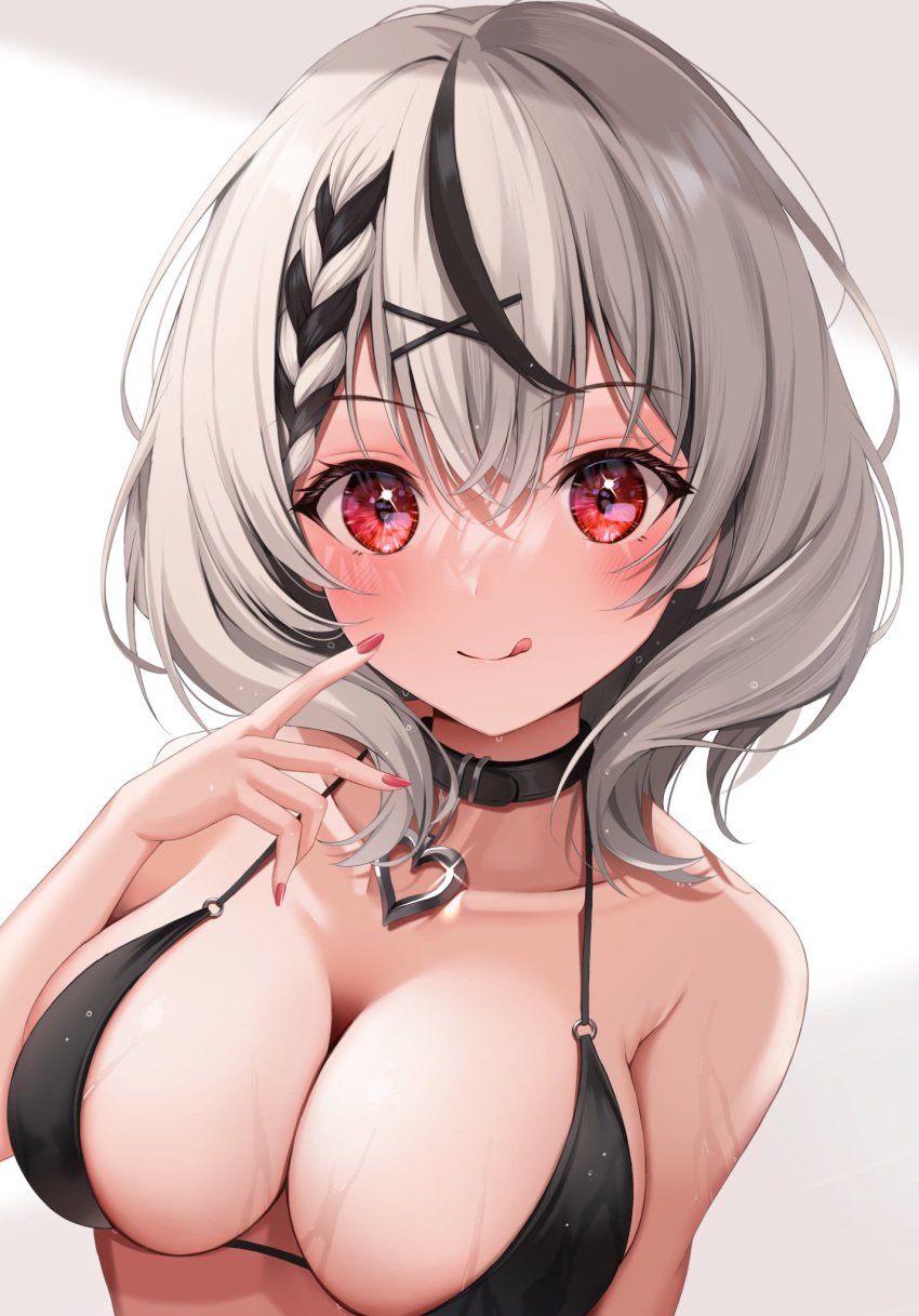 1girls big_breasts bikini breasts cartoony female female_only hololive hololive_japan holox light-skinned_female light_skin noseless red_eyes sakamata_chloe smile tagme tongue tongue_out utekiro virtual_youtuber white_hair