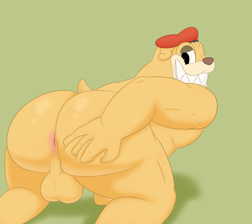 absurd_res anus ass balls big_balls big_butt bulldog canid canine canis colossalstars cuphead_(game) domestic_dog fighter_pilot_bulldog genitals grin hand_on_butt hi_res looking_back male mammal mastiff molosser nude pilot smile solo