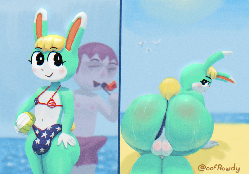 all_fours animal_crossing anthro ass backsack balls beach big_butt bikini bikini_thong blonde_hair cameltail clothing clothing_aside genitals girly hair human lagomorph leporid male mammal nintendo oofrowdy rabbit sasha_(animal_crossing) seaside stars_and_stripes swimwear swimwear_aside tenting united_states_of_america video_games