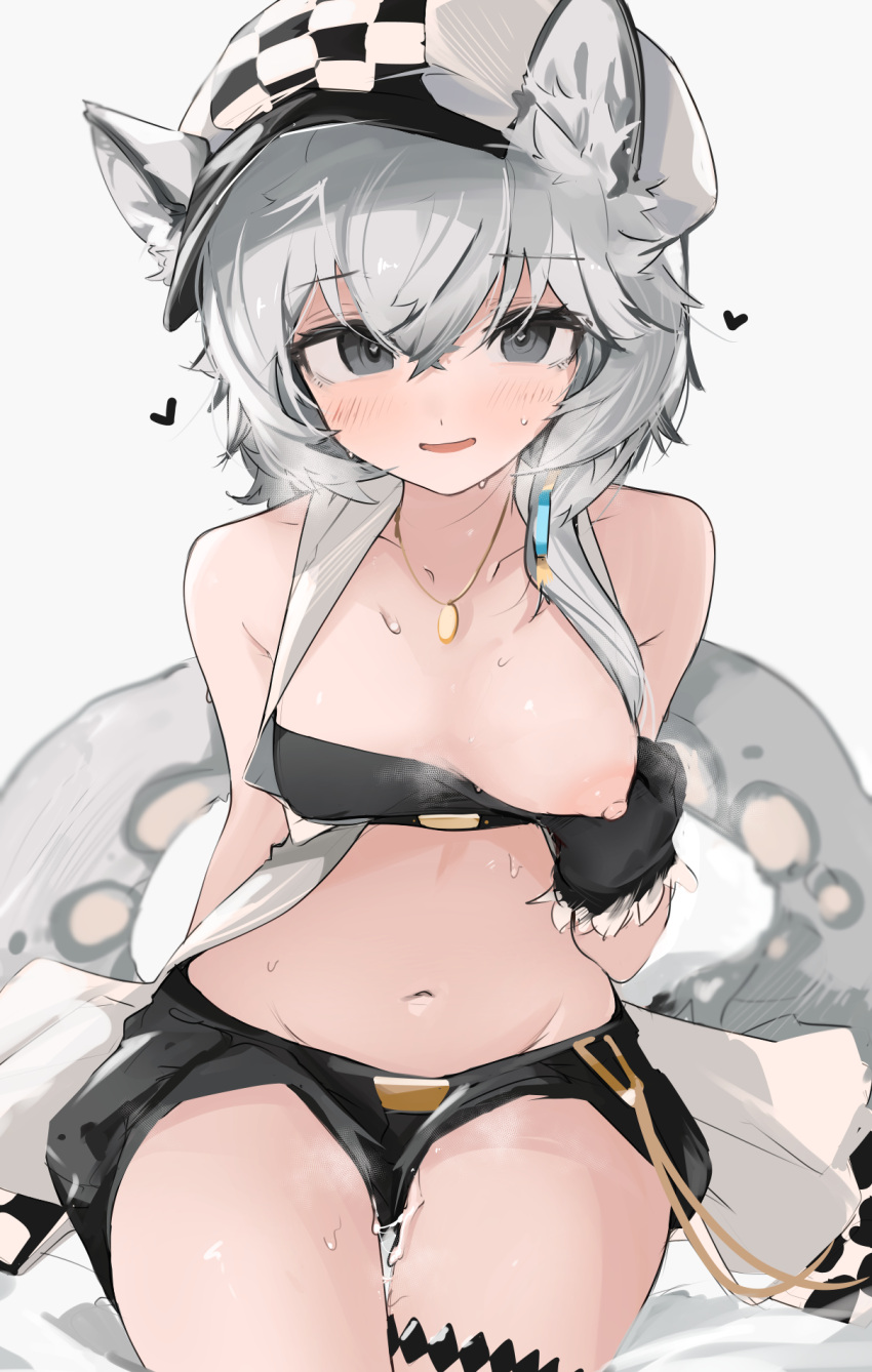 animal_ears arknights bandeau_pull bangs black_bandeau black_gloves black_shorts breasts cliffheart_(arknights) cowboy_shot crossed_bangs cum cum_on_legs female fur-trimmed_gloves fur_trim gloves grey_eyes grey_hair groin hair_between_eyes hat heavy_breathing highres jewelry leopard_ears leopard_girl leopard_tail light_blush looking_at_viewer mikozin navel necklace nipples one_breast_out pulled_by_self short_hair short_shorts shorts simple_background sitting small_breasts smile solo tail thigh_strap thighs white_background white_headwear