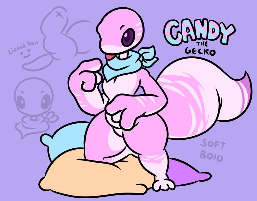 2021 absurd_res anthro beady_eyes big_tail candy_(_sleepyslut_) cute dipstick_tail gecko genitals hi_res huge_tail kneeling kneeling_on_one_leg lizard lizard_penis long_tail male markings original original_character penis pillow pink_body pink_scales purple_background purple_eyes reptile scales scalie scarf simple_background sleepyslut slightly_chubby solo striped_body striped_markings stripes tail_markings tan_body tan_scales text tongue tongue_out