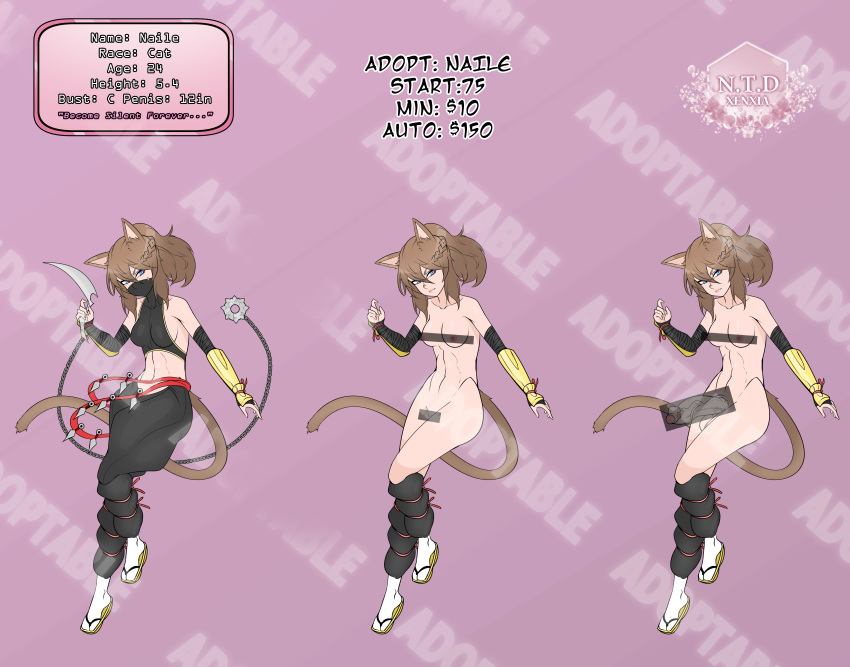 1futa 1girls 2022 adoptable animal_ears areolae atelier_sol_aer balls bar_censor breasts c-cup_breasts cat_ears cat_tail catgirl censored censored_breasts character_sheet clothed clothing cup_size dialogue english_text erection female full_body fully_clothed futanari humanoid humanoid_penis kemonomimi knife mask ninja nipples nude pale_skin partially_retracted_foreskin penis self_upload text uncut veil xenxia ych