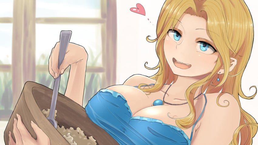 1girls :d blonde_hair blue_dress blue_eyes cooking cyan_dress cyan_eyes dress earring female female_only haley_(stardew_valley) light-skinned_female necklace oraganomura smile smiling solo solo_female stardew_valley