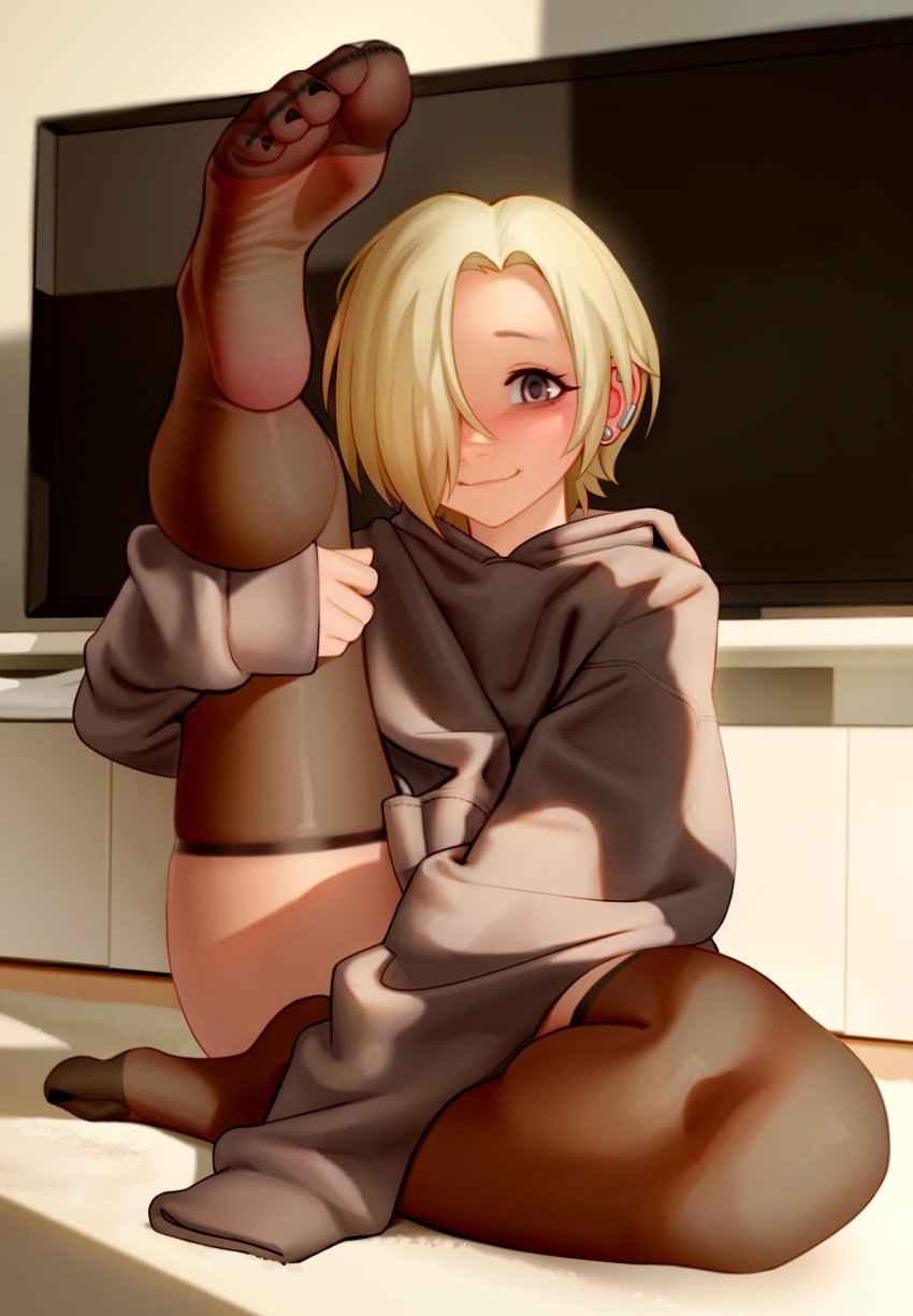 1girls black_nail_polish black_nails blonde blonde_hair blush blushing clothed ear_piercing feet feet_up female female_focus female_only foot_fetish footwear idolmaster idolmaster_cinderella_girls kairuhentai kairunoburogu legs legs_over_head legs_up legwear on_ground one_eye_covered one_leg_raised one_leg_up shirasaka_koume short_hair sleeves_past_fingers sleeves_past_wrists smile smiling soles solo solo_female solo_focus thick thick_thighs thighhighs thighs toes toes_scrunch