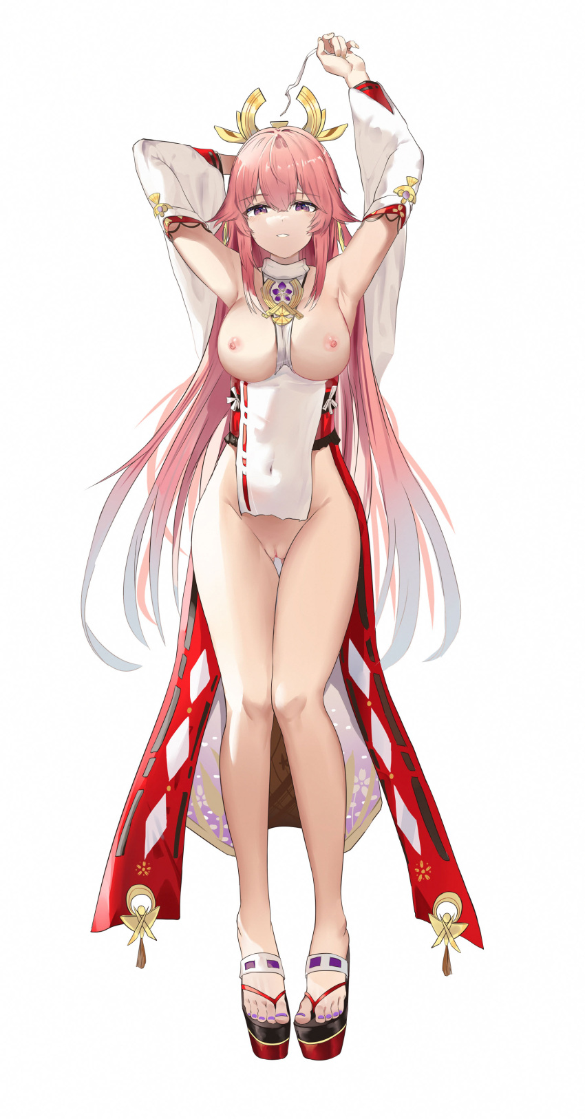 absurdres animal_ears armpits arms_up bare_legs blush breasts breasts_out clitoris commentary covered_navel detached_sleeves earrings eyebrows_behind_hair female fox_ears full_body genshin_impact gluteal_fold hair_between_eyes headpiece highres jewelry jsscj large_breasts long_hair looking_at_viewer nail_polish necklace nipples no_panties obi okobo parted_lips pelvic_curtain pink_hair platform_clogs platform_footwear purple_eyes purple_nails pussy sash sidelocks simple_background smile solo standing tassel thigh_gap thighs toenail_polish toenails toes torn_clothes white_background wide_sleeves yae_miko