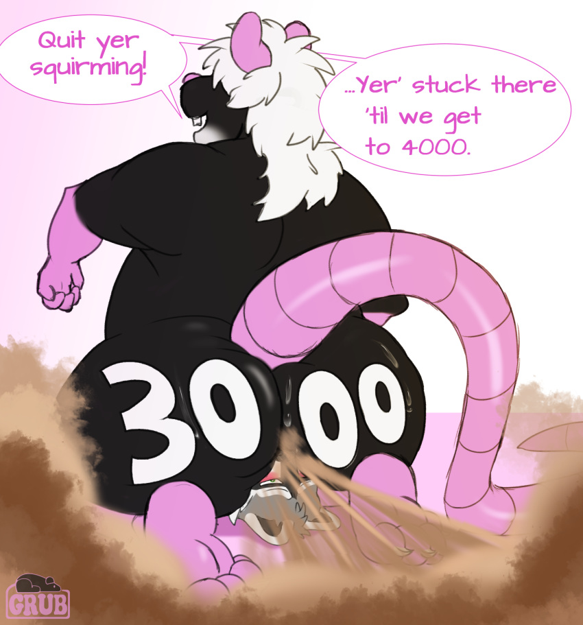 2022 anthro ass fart fart_cloud fart_fetish furry hi_res milestone_celebration overweight raccoon rat size_difference speech_bubble stinkyawei yiff