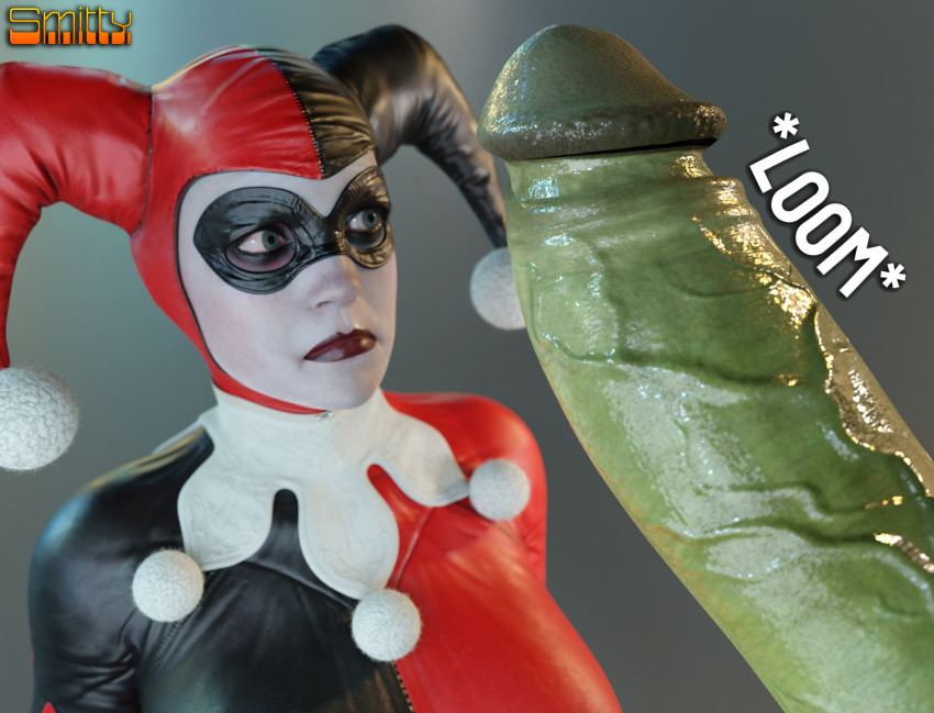 1girls 3d 3d_(artwork) batman:_arkham_knight batman_(series) blender_(software) crossover dc dc_comics dick_in_face female female_focus giant_penis green_skin harley_quinn harley_quinn_(classic) harley_quinn_(injustice) huge_cock hulk hulk_(series) injustice_2 large_penis lipstick makeup marvel marvel_comics pale-skinned_female penis penis_awe shocked_expression smitty34 tagme text unseen_male_face veiny_penis villain