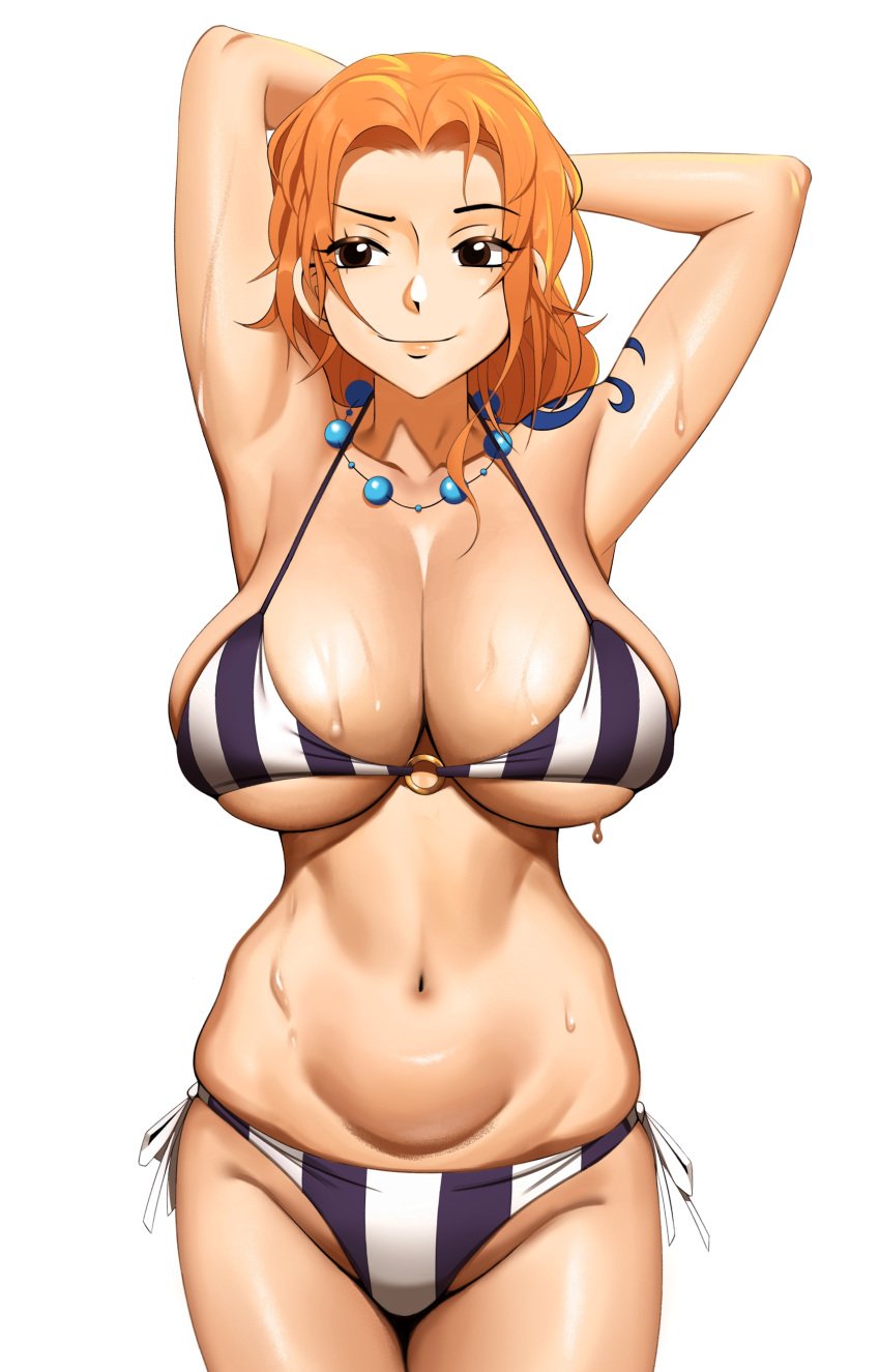 1girls 2022 armpits arms_behind_head arms_up bikini breasts brown_eyes cleavage female female_only hi_res hips huge_breasts kevbot long_hair nami one_piece one_piece_film_strong_world orange_hair pre-timeskip shoulder_tattoo slim_waist solo sweat sweaty_body tattoo thick_thighs thighs wide_hips