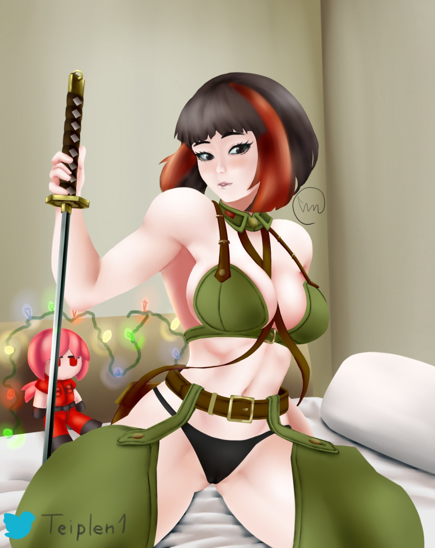 1girls asian background bedroom black_eyes black_hair black_panties blush female_focus jin_(metal_slug) katana looking_at_viewer metal_slug metal_slug_attack red_globin_(metal_slug) seductive snk tagme teiplen thick_thighs thighhighs thong