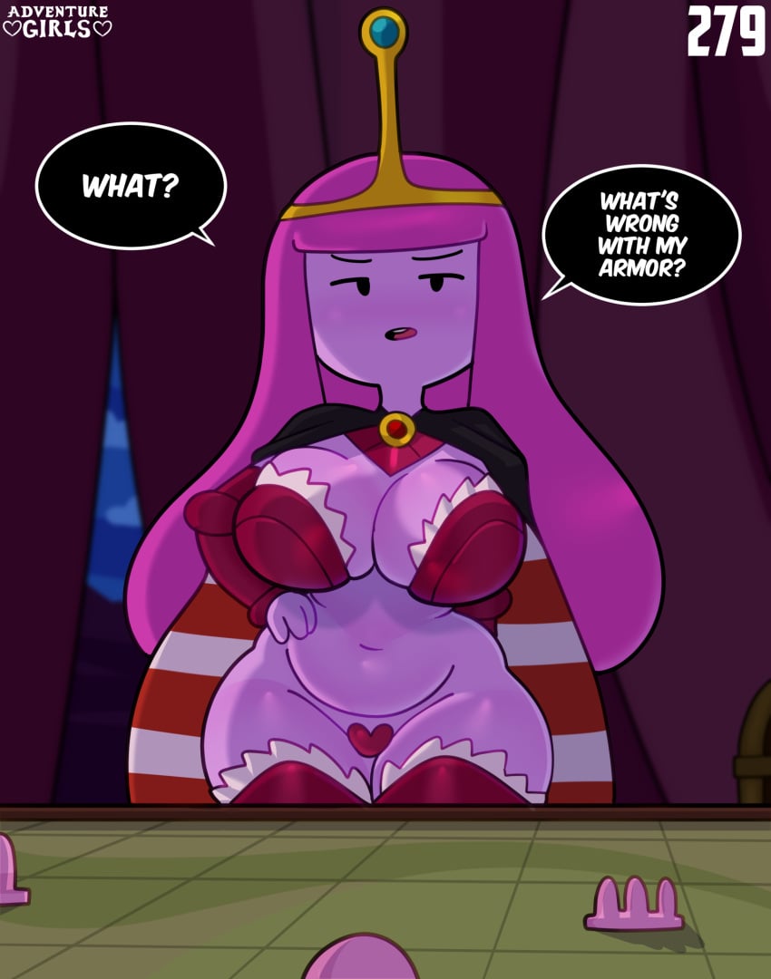 1girls adventure_girls adventure_time armor big_breasts breasts cape cleavage confused confusion crown english_text highres long_hair looking_at_viewer mob_face navel pink_hair pink_skin princess_bubblegum revealing_clothes somescrub suggestive text thick_thighs thighs tiara