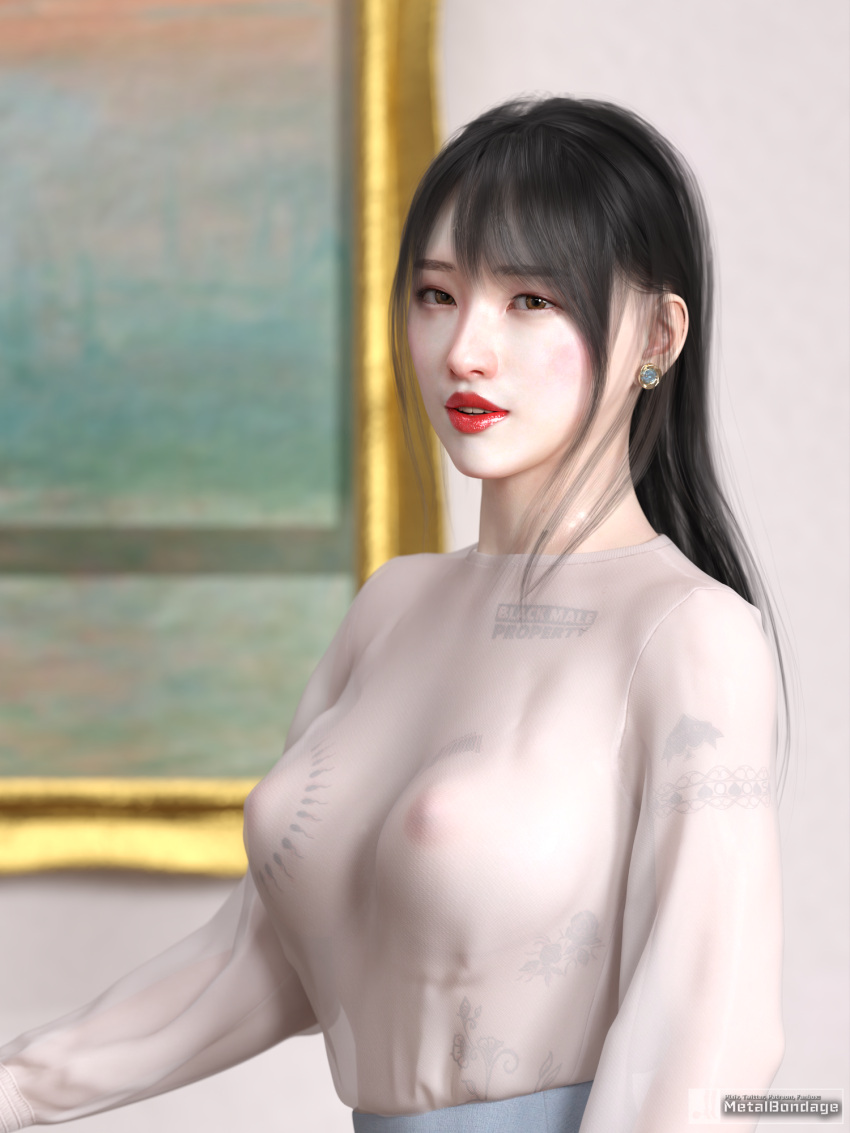 1girls 3d 3d_(artwork) asian asian_female english_text female female_only large_breasts looking_at_viewer metalbondage queen_of_spades see-through solo tattoo text