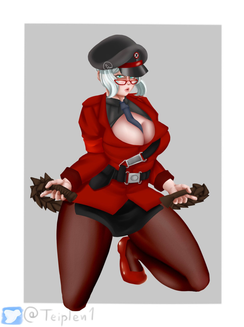 big_breasts glasses huge_breasts izabella_(metal_slug) metal_slug metal_slug_attack military military_hat military_uniform pantyhose red_jacket short_hair skirt snk teiplen thick_thighs white_hair