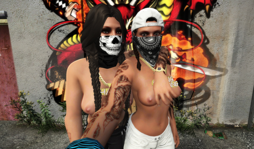 17:10 2girls 3d arm_tattoo bandana black_hair black_hair_female black_tattoo breasts brown_hair casual_topless grand_theft_auto grand_theft_auto_online grand_theft_auto_v hat long_black_hair long_hair long_hair_female looking_at_viewer mari_posa mask necklace nopixel novah_walker partially_clothed public_topless selfie symphony tagme tattoo tattooed_arm three-quarter_portrait topless twin_braids twintails twitter