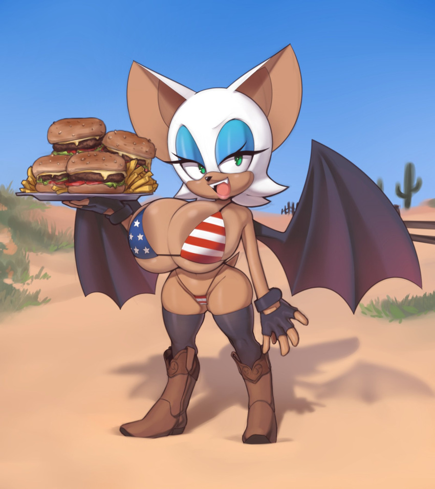 1girls american_flag_bikini anthro bat big_breasts boots breasts burger busty chiropteran clothing female female_only food french_fries fries huge_breasts large_breasts looking_at_viewer mystical plantpenetrator rouge_the_bat sega smile solo sonic_(series) sonic_the_hedgehog_(series) swimsuit wings