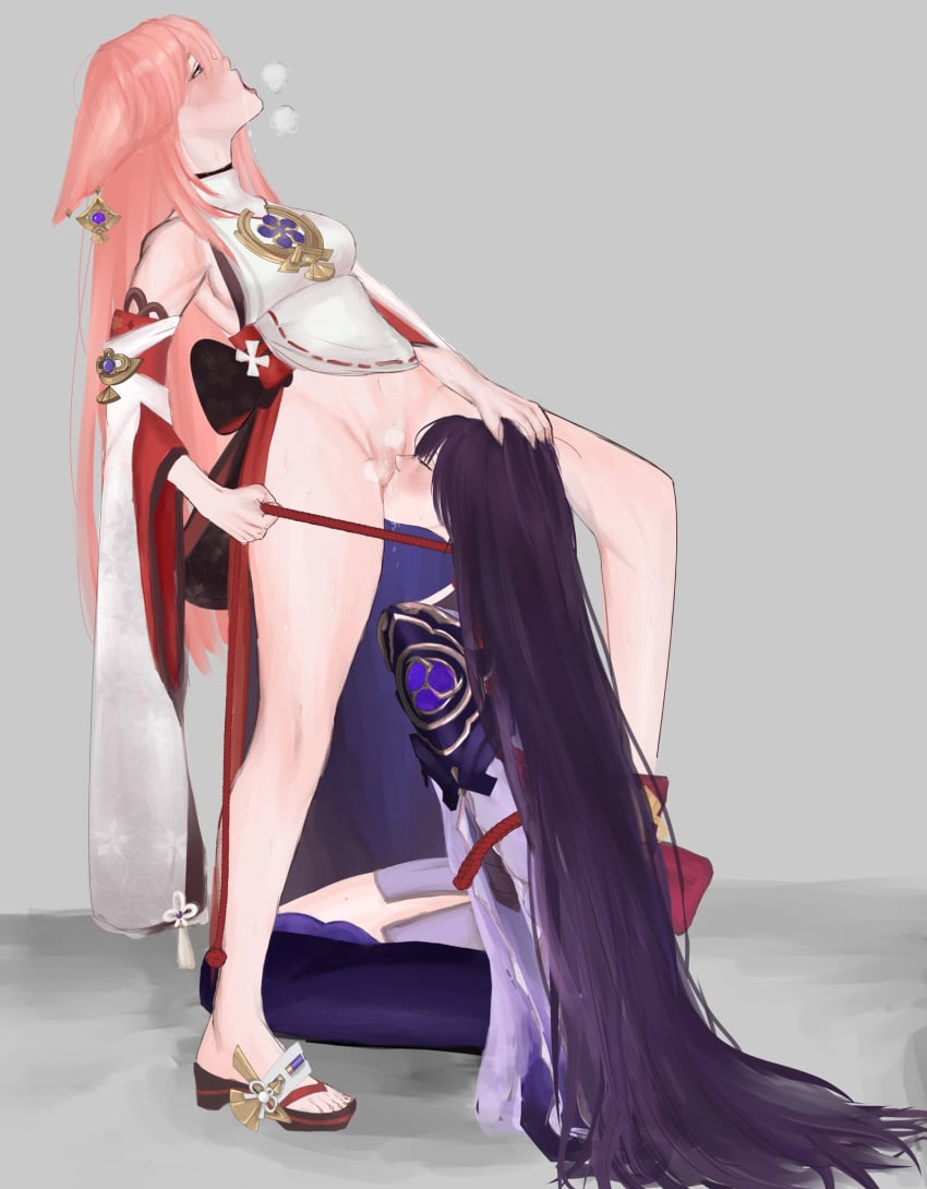 2girls ahe_gao bottomless cunnilingus drooling earrings female_only fox_ears genshin_impact hand_on_head head_grab kitsune kneeling kneeling_oral_position leash leash_pull licking_pussy long_hair mouth_hold multiple_girls oral oral_sex partially_clothed pink_hair pleasure_face purple_hair raiden_shogun red_rope sandals standing_cunnilingus tied_up visible_breath yae_miko yuri