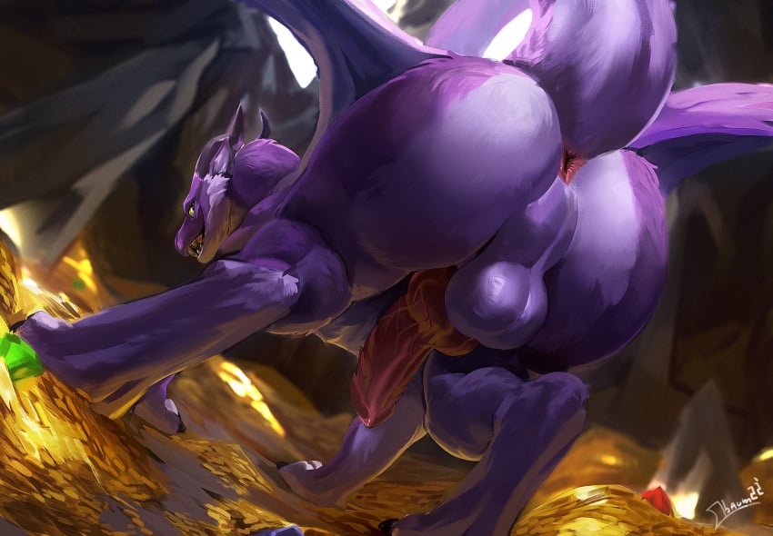 anthro ass dragon drakku dutch_angle erection feral fur furred_dragon genitals hi_res horn knot male obaum penis perineum presenting presenting_hindquarters purple_body purple_fur sharp_teeth signature smile solo teeth treasure wings