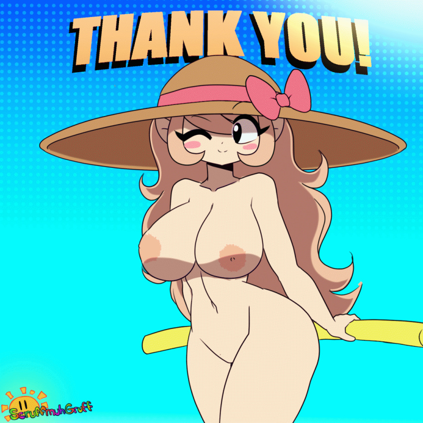 1girls alternate_version_available animated artist_name beach_hat big_breasts blair_(scruffmuhgruff) eyebrows_visible_through_hair female hat hat_only light_brown_hair naked nipples nude pink_cheeks pool_noodle pussy scruffmuhgruff solo solo_female thank_you thick_thighs winking winking_at_viewer