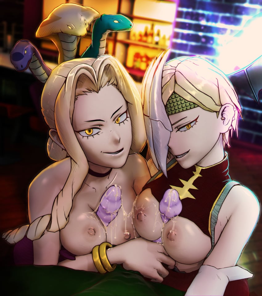 2girls 3d 3d_(artwork) animal_genitalia bar blonde_hair boobjob bracelet breasts choker collaboration cum cum_on_breasts diphallia diphallism ear_piercing ejaculation erection exposed_breasts exposed_nipples glowing glowing_eyes green_skin human lizardman long_hair looking_at_viewer mature_female mature_woman multi_penis my_hero_academia nipples one_eye_covered paizuri partial_male penis penis_between_breasts reliusmax ryuukyuu seductive seductive_eyes seductive_look seductive_smile sharp_teeth short_hair shounen_jump smile smiling snake_hair tatsuma_ryuuko tatsuma_ryuuko_(hero_outfit) titjob uwabami xelandis yellow_eyes