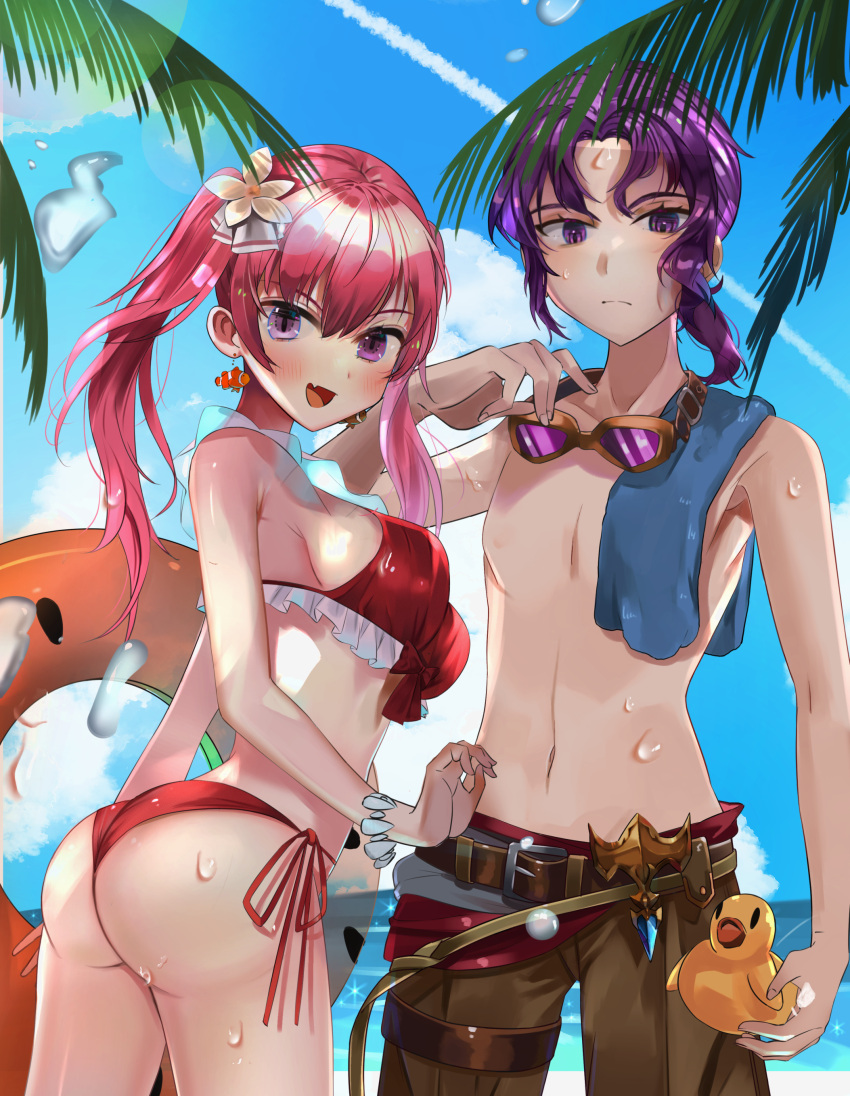 1boy 1girls absurdres alternate_costume ass beach big_ass bikini blue_sky bracelet breasts chil0107 cloud erk_(fire_emblem) female fire_emblem fire_emblem:_the_blazing_blade frown goggles goggles_around_neck highres innertube jewelry looking_at_viewer male male_swimwear nintendo ocean oerba_yun_fang palm_tree pink_hair purple_eyes purple_hair red_bikini red_swimsuit rubber_duck serra_(fire_emblem) sky smile sunglasses_on_head swimsuit towel_on_shoulder tree twintails