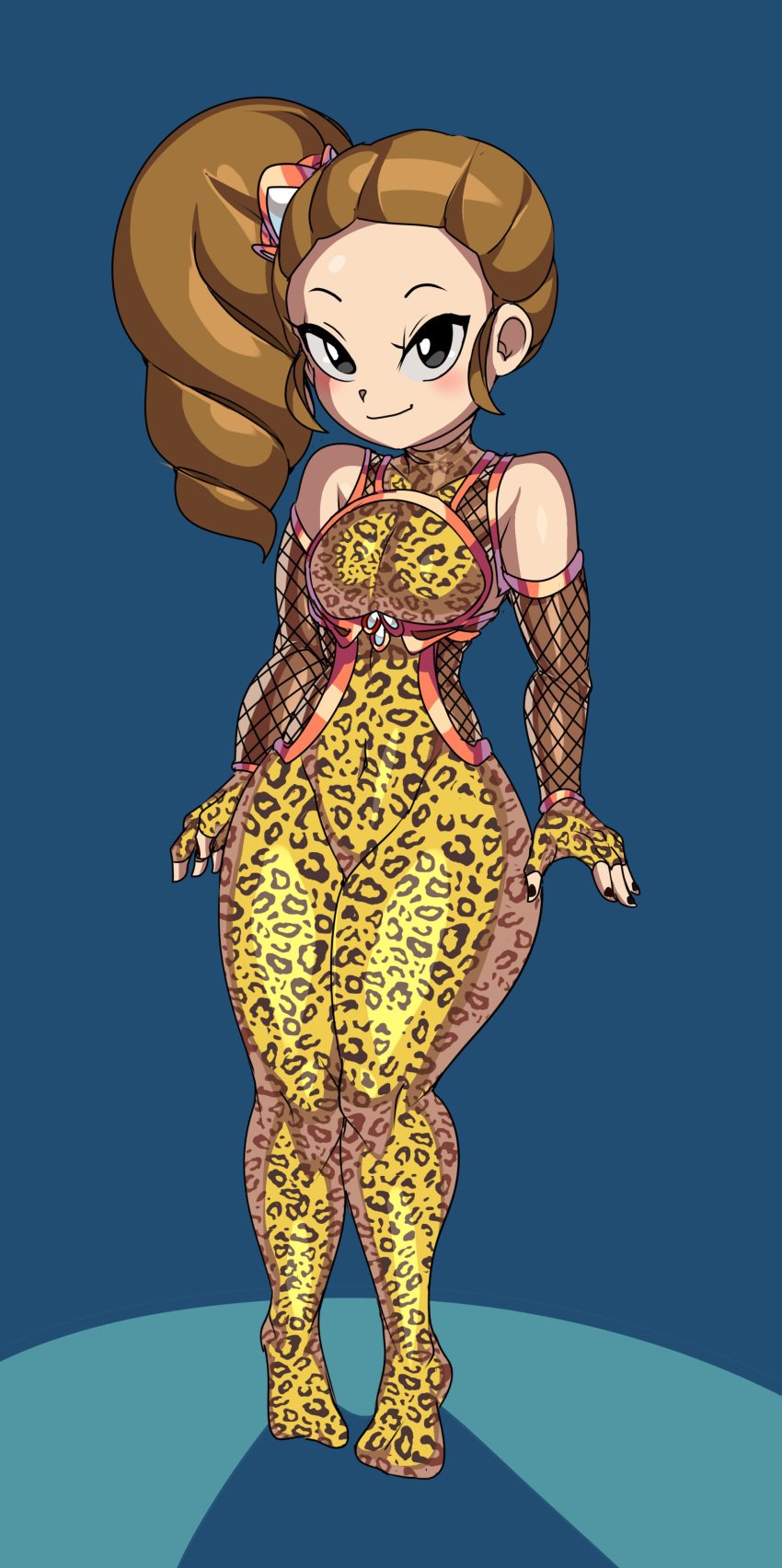 black_eyes breasts brown_hair captain_kirb clothing female female_only fujimoto_mai kunoichi leopard_print looking_at_viewer mai_fujimoto ninja small_breasts smile solo thick_thighs wide_hips yo-kai_watch