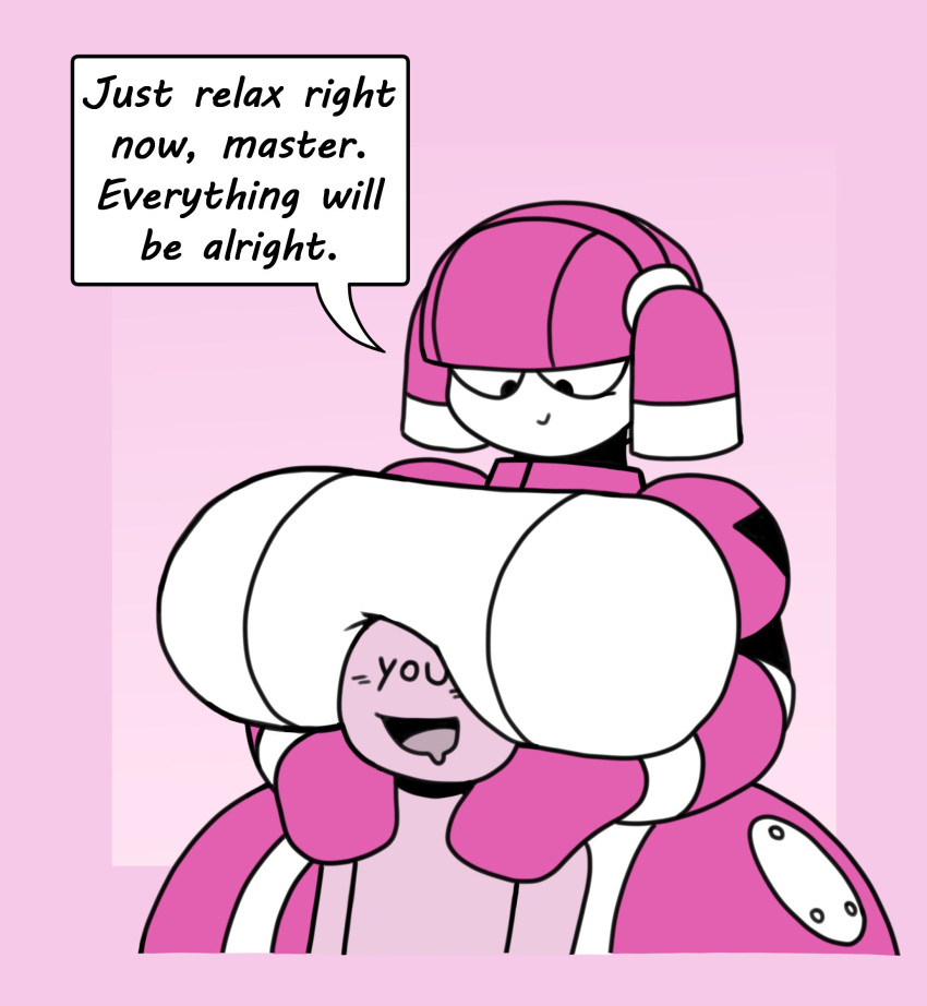 1boy 1girls android anon anonymous ball_joints big_breasts boob_hat breasts breasts_on_head comforting cover dorahden english_text faceless_male female huge_breasts machine male mya_(dorahden) open_mouth panel pink_body pink_hair robot robot_girl speech_bubble wholesome you