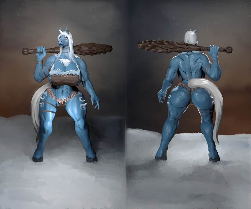 anthro blue_eyes club_(weapon) equid equine female horn keeltheequine mammal solo white_hair