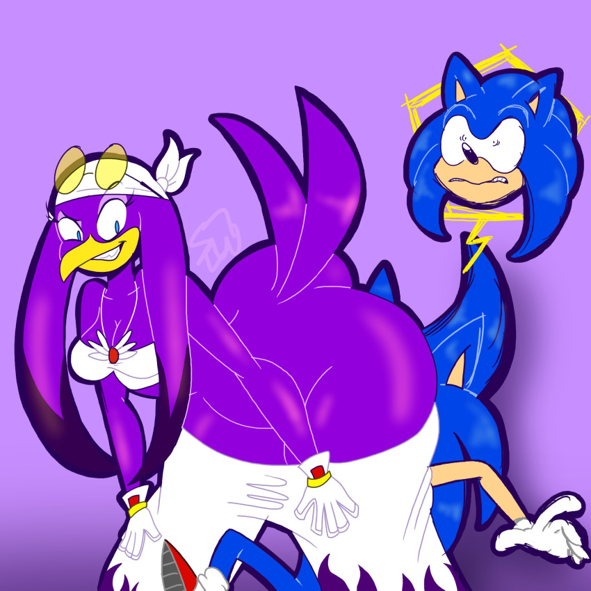 1boy 1girls animal_ears anthro anthro_on_anthro ass ass ass_in_face avian bandage beak bending_forward bending_over big_ass big_butt bird black_nose blue_body blue_eyes blue_fur blue_hair blue_skin breasts cleavage crop_top face_in_ass female/male furry gloves grin huge_ass huge_butt male/female mammal pants_down pinned pinned_against_wall pinned_to_wall purple_body purple_fur purple_hair purple_skin sega shocked simple_background sonic_(series) sonic_riders sonic_the_hedgehog sonic_the_hedgehog_(series) spiky_hair sunglasses sunglasses_on_head swallow swallow_(bird) tail taunting two_tone_fur wave_the_swallow wide_hips