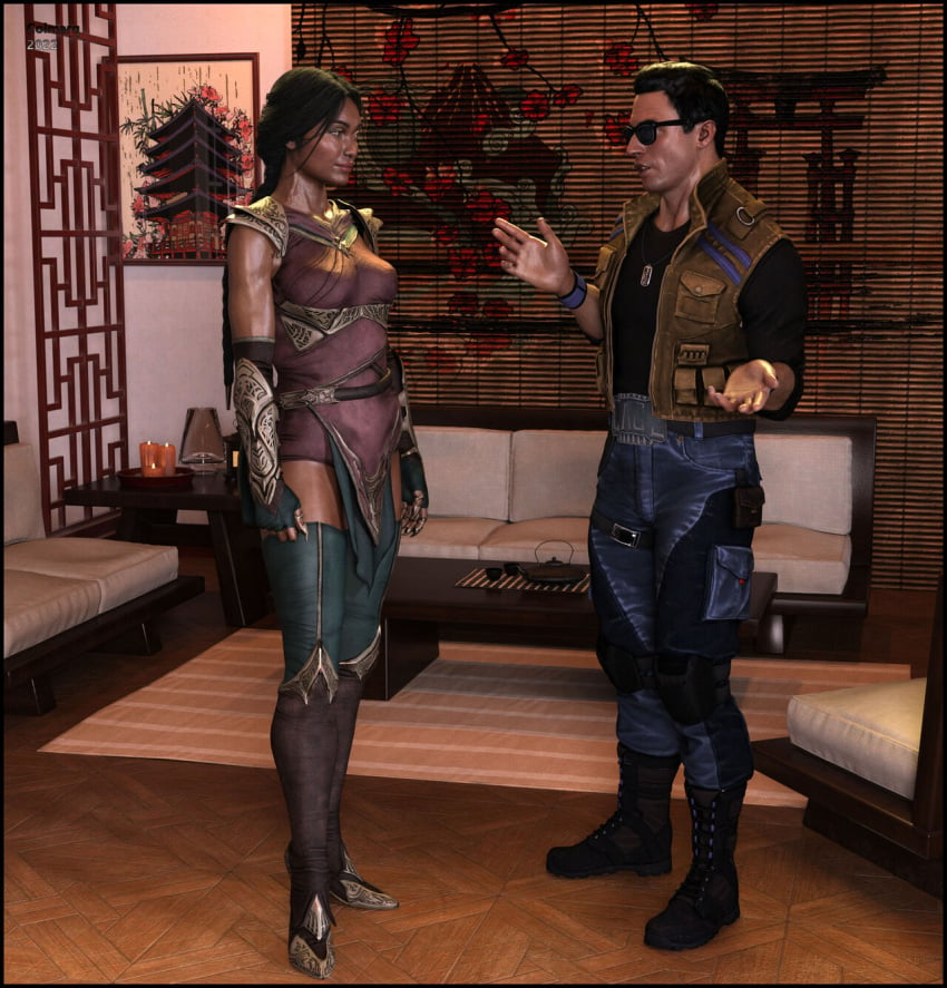 1boy 1girls 3d colmarq conversation dark-skinned_female duo duo_focus edenian female fully_clothed imminent_sex jade_(mortal_kombat) johnny_cage male male/female mortal_kombat mortal_kombat_11 netherrealm_studios smile smiling smiling_at_another straight sunglasses talking textless