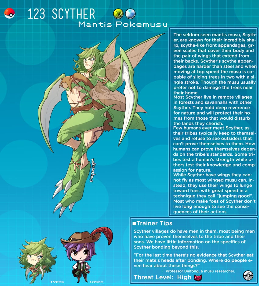 chibi creature_index english_text female_focus hi_res kinkymation nintendo page_123 page_number pokémon_(species) pokemon pokemon-girl_encyclopedia pokemorph pokemusu profile scyther tagme text_box