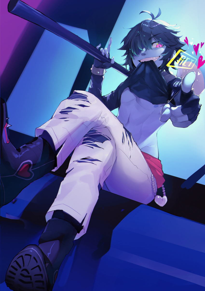 abs blue_hair blue_skin boots cute cute_fang cute_fangs cute_male deltarune fingerless_gloves fit fit_male full_body hair_over_one_eye heart heart_locket high_resolution highres kris_(deltarune) lifting_shirt looking_at_viewer looking_down low-angle_view male male_only nipples one_eye_closed one_eye_covered pink_eyes pointing pointing_at_viewer ripped_clothing ripped_pants ripped_shirt sharp_teeth solo solo_focus solo_male spiked_bracelet spiked_gauntlets ss_komu tagme teasing teasing_viewer twink twunk undertale_(series) undertale_au undertale_fanfiction white_pants