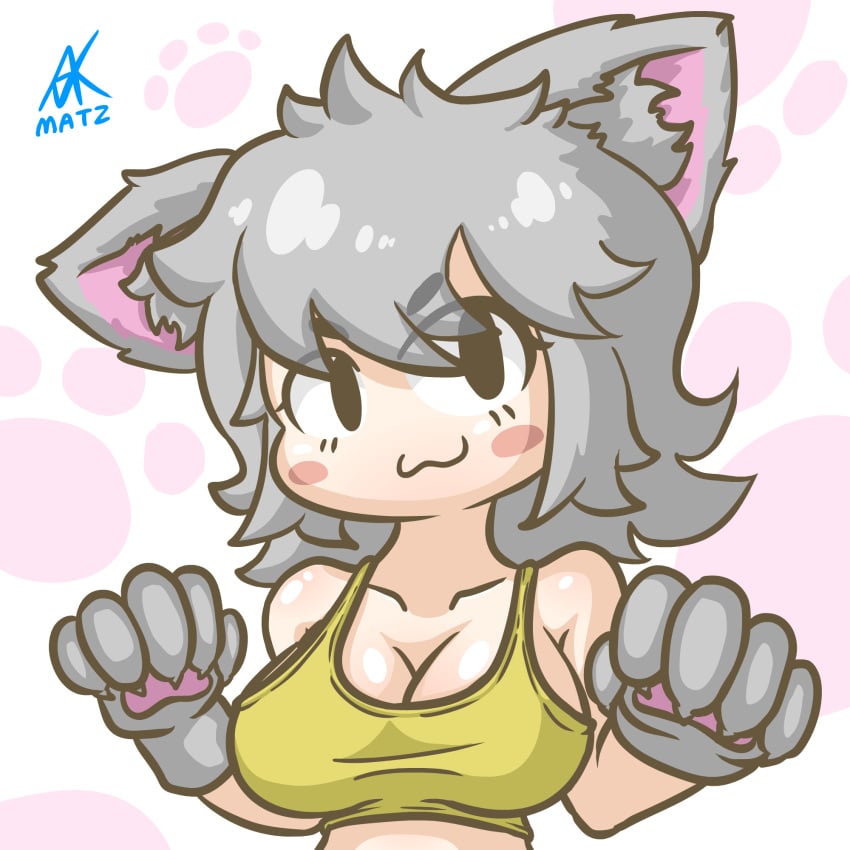 animal_ears black_eyes eyebrows_visible_through_hair gray_hair large_breasts lemonade_cat light_skin matz_(artist) nimal_ears paw_gloves roblox roblox_game smile suggestive tagme tower_heroes