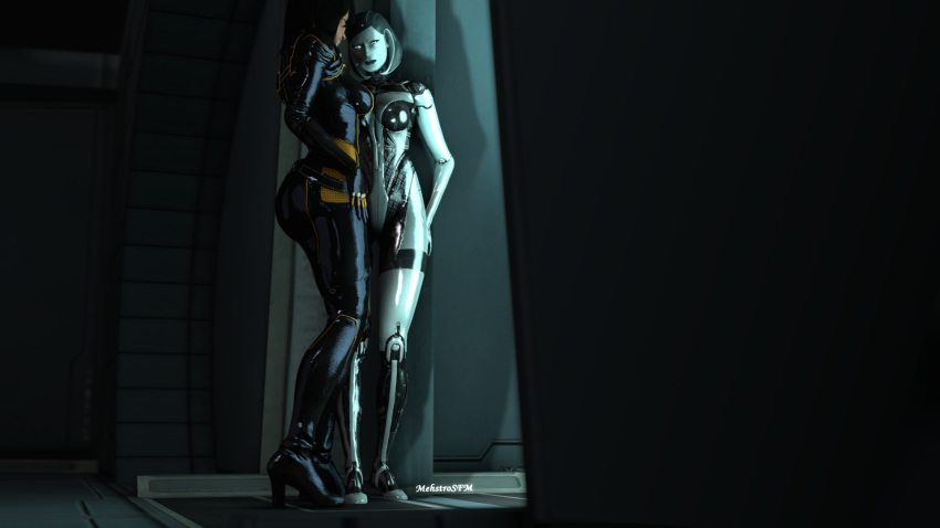 2girls 3d android ass big_ass bioware black_hair duo edi humanoid leather mass_effect mass_effect_3 mehstrosfm miranda_lawson robot standing