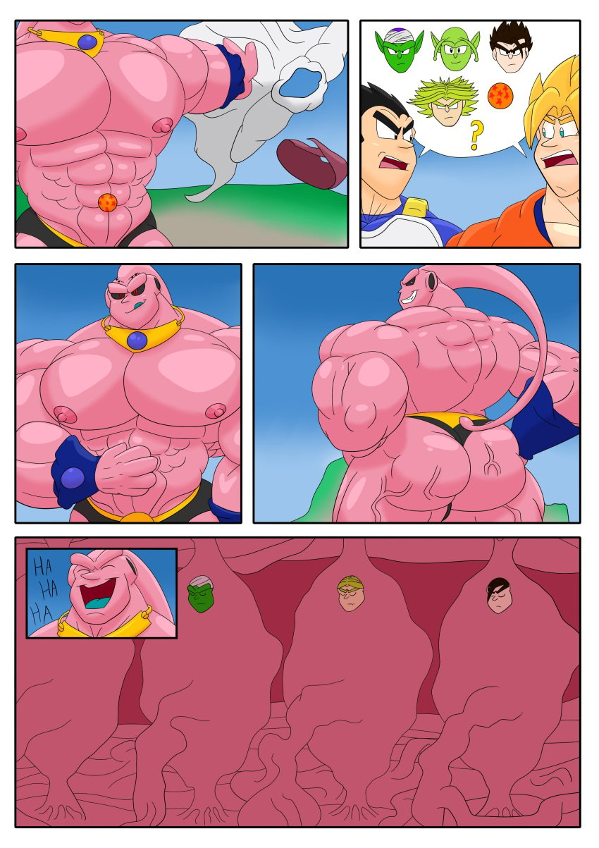 3boys absorption ass assimilation bara dragon_ball dragon_ball_z gay humanoid legendary_super_saiyan looking_at_another looking_at_partner looking_back majin_buu male male/male/male male_only muscular muscular_male nipples okrizo831 pecs pink_body pink_skin presenting_butt red_eyes son_goku super_buu super_saiyan vegeta