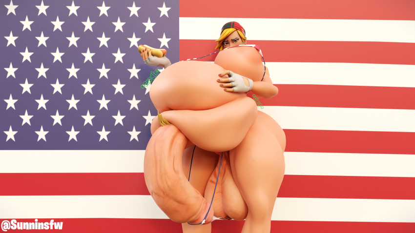 3d 4th_of_july american_flag belly_noises blender blonde_hair embarrassed futa_only futanari gurgling_noise huge_ass huge_balls huge_belly huge_breasts huge_butt huge_cock huge_testicles hung_futanari obese obese_futanari pubic_hair self_upload small_bikini sunninsfw sunny_(sunninsfw)