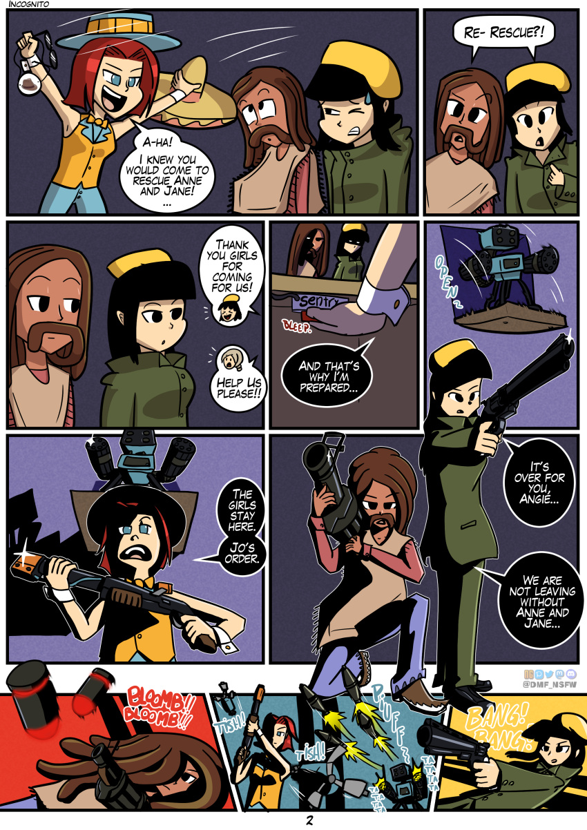 3girls action_pose angie_(nerf_now) anne-marie_(nerf_now) beret coat comic comic_page dark_skin dialogue dmf_nsfw eyewear_removed female firearm grenade_launcher gun handgun human jane_(nerfnow) morgan_(nerfnow) nerf_now page_2 pale_skin revolver sentry_(team_fortress_2) sentry_turret shooting shotgun sombrero sunglasses sunglasses_removed team_fortress_2 victoire_(nerfnow) weapon