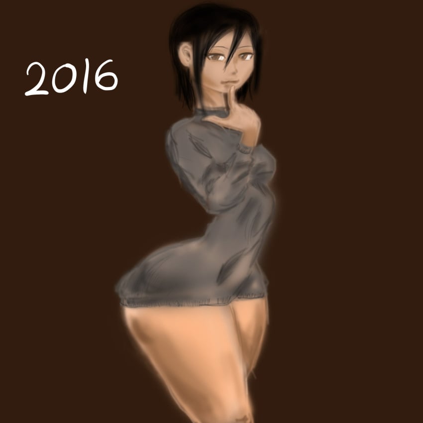 1girls 2016 black_hair female finger_on_lip human light_skin looking_at_viewer pon solo sweater_dress thick_thighs thin_waist three-quarter_portrait tight_clothing wide_hips