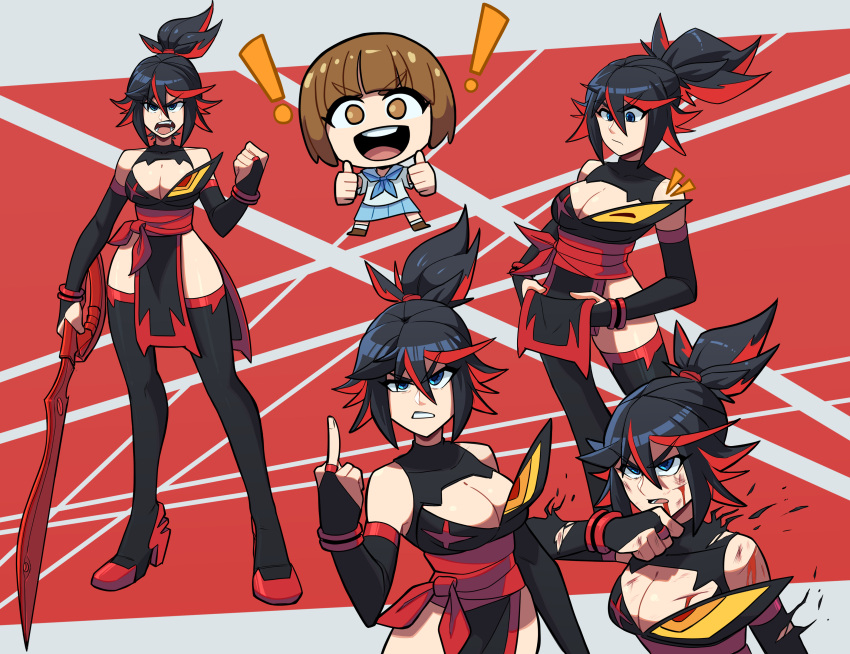 2girls absolute_territory action_pose alternate_costume aneurysm.ax angry annoyed arm_sleeves asian_female athletic_female bare_shoulders bare_thighs battle_damage big_breasts bleeding boots bracelet busty chibi cleavage cuts determined fangirl female_only female_protagonist full_body fully_clothed kill_la_kill light-skinned_female living_clothes living_clothing long_hair long_legs magical_girl mankanshoku_mako matoi_ryuuko middle_finger pelvic_curtain pissed_off ponytail red_and_black_hair redesign samurai_outfit scissor_blade screaming senketsu standing super_deformed sword tagme thighhighs tomboy two_tone_hair zettai_ryouiki