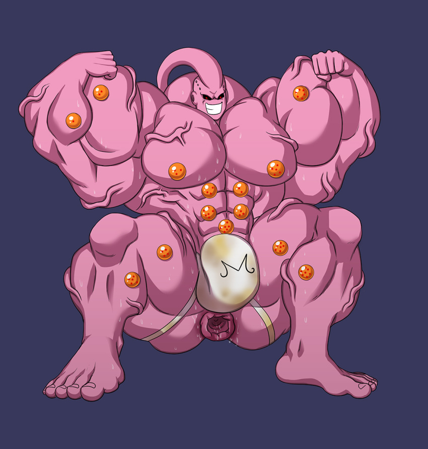 1boy anus ass ass_open bara bodily_fluids dragon_ball dragon_ball_z humanoid hyper_muscles majin_buu male male_only muscular muscular_male pecs pink_body red_eyes solo solo_focus super_buu sweat