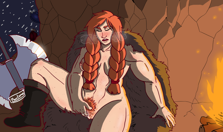 axe big_breasts braided_hair campfire camping cave freckles hairy_pussy jotun_game masturbation muscular_female mythology naked phantomas(artist) pleasure_face red_hair thora viking