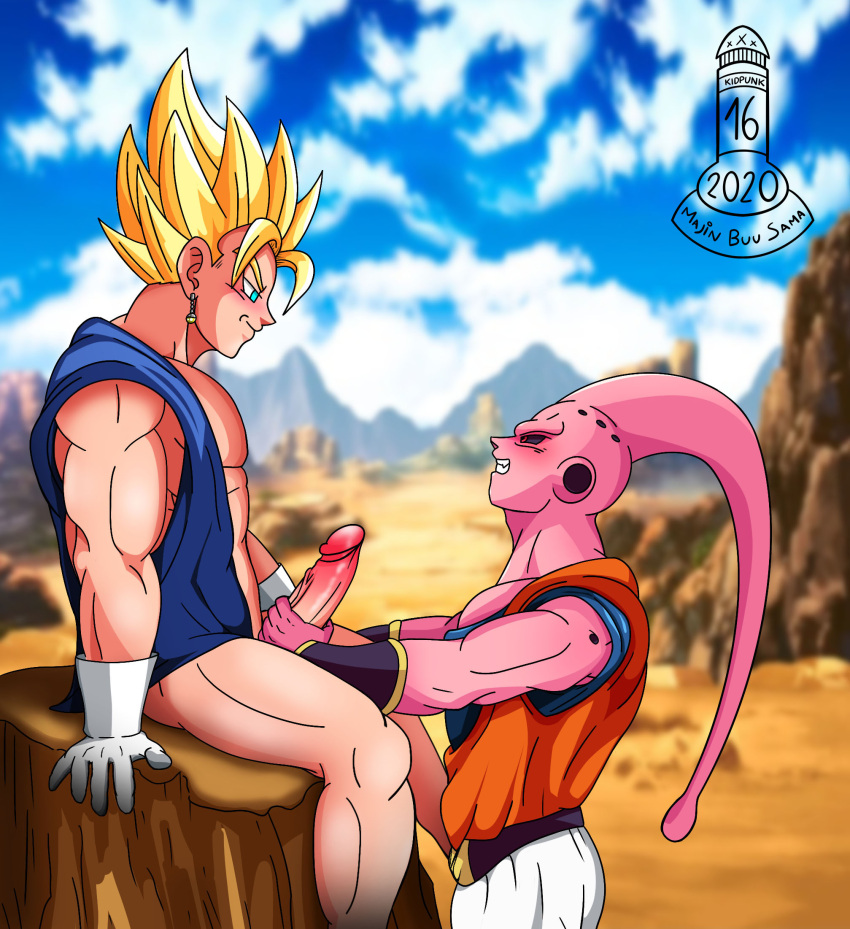 2boys dick dragon_ball dragon_ball_z erection gay handjob humanoid looking_at_another majin_buu majinbuusama male male/male male_only muscular muscular_male outside pink_body pink_skin red_eyes sex super_buu super_saiyan tagme vegito warrior yaoi