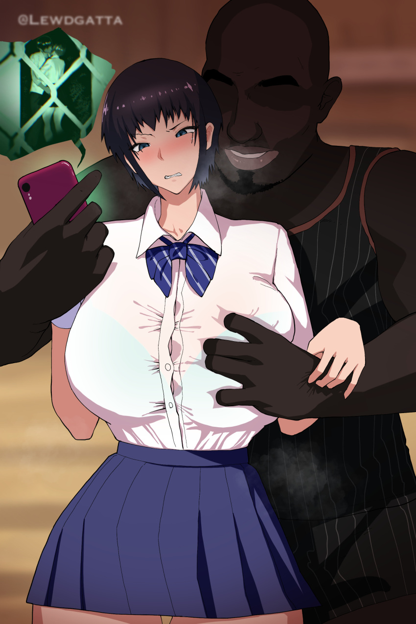 1boy 1girls blackmail button_down_shirt button_gap caught_cheating crying dark-skinned_male dark_skin discomfort groping groping_breasts groping_from_behind highres interracial large_breasts lewdgatta netorare original phone phone_screen ryouka_eunomoto school_uniform secretly_loves_it see-through see-through_clothing steamy_breath summer_shattering