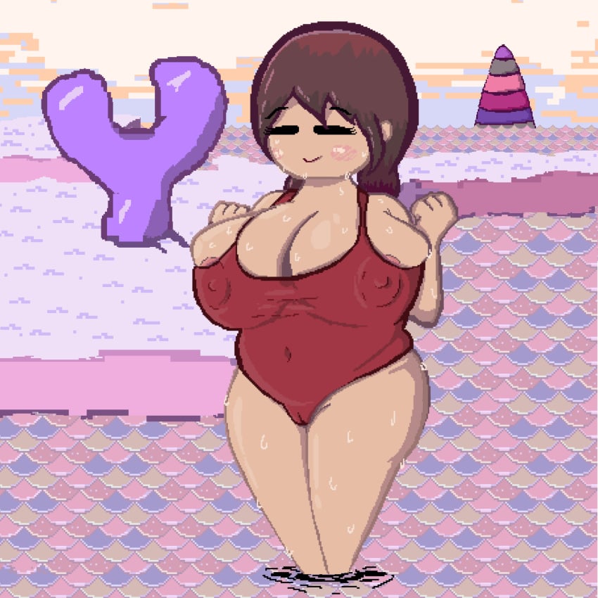 areola_slip belly_button big_ass big_breasts big_butt blush breasts chubby chubby_female female female_only madotsuki noscope360 pixel_art plump self_upload smiling swimsuit swimwear thick_thighs tight_clothing wet_skin yume_nikki