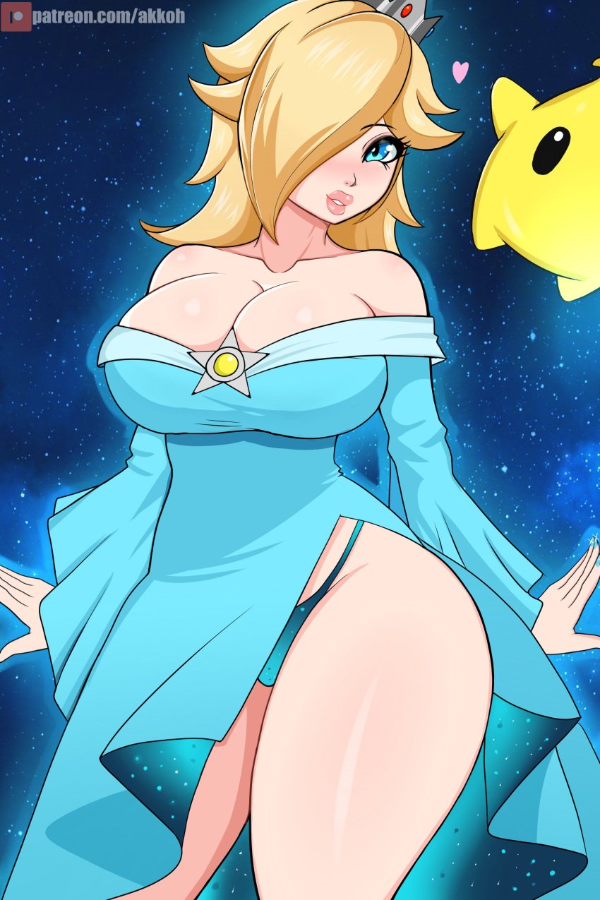 1girls absurd_res akkoh bare_chest bare_shoulders big_breasts big_thighs blonde_hair blue_eyes breasts brooch cleavage clothing crown cyan_dress dress eyebrows_visible_through_hair female female_only hair_over_one_eye hi_res large_breasts light-skinned_female light_skin lips long_hair long_sleeves luma mario_(series) nintendo panties platinum_blonde_hair princess_rosalina solo split_dress strapless_dress super_mario_galaxy thick thick_hips thick_lips thick_thighs thighs thong wide_hips