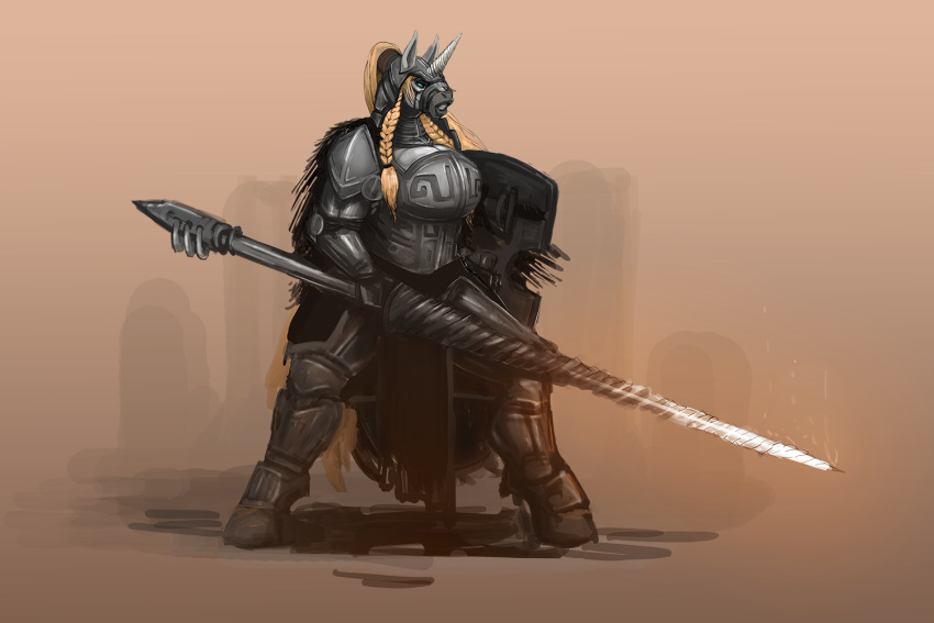 anthro armor blonde_hair blue_eyes braid equid equine female horn keeltheequine lance mammal shield solo