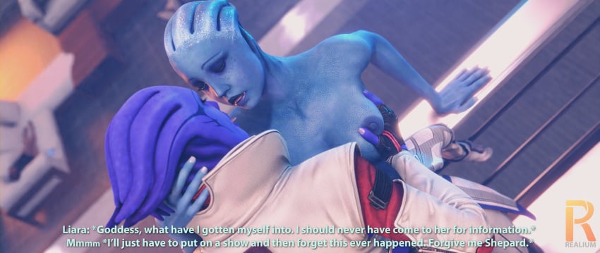 3d aria_t'loak asari asari_futanari blue_breasts blue_eyes blue_skin blue_tits breast_grab breast_squeeze breasts_out cheating cheating_girlfriend cheating_wife citadel comic_page dialogue image_set kissing liara_t'soni mass_effect nipples purple_skin realium3d saliva_string saliva_trail story