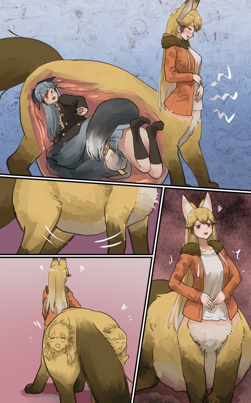 10:16 absorption_vore absurd_res alternate_species animal_humanoid anus blonde_hair blush bodily_fluids bottomwear breasts brown_body brown_fur canid canid_humanoid canid_taur canine canine_humanoid canine_taur clothing corpsmanwelt duo ezo_red_fox_(kemono_friends) feet_first female female/female forced fox fox_humanoid fox_taur fur genital_fluids genitals grey_body grey_fur grey_hair group hair head_first heart hi_res humanoid imprint kemono_friends mammal mammal_humanoid mammal_taur nude pussy pussy_juice recursive_vore red_fox_(kemono_friends) rumbling_stomach silver_fox_(kemono_friends) skirt smile standing stomach_bulge surprise taur trio tug_of_war unbirthing vaginal_penetration vore