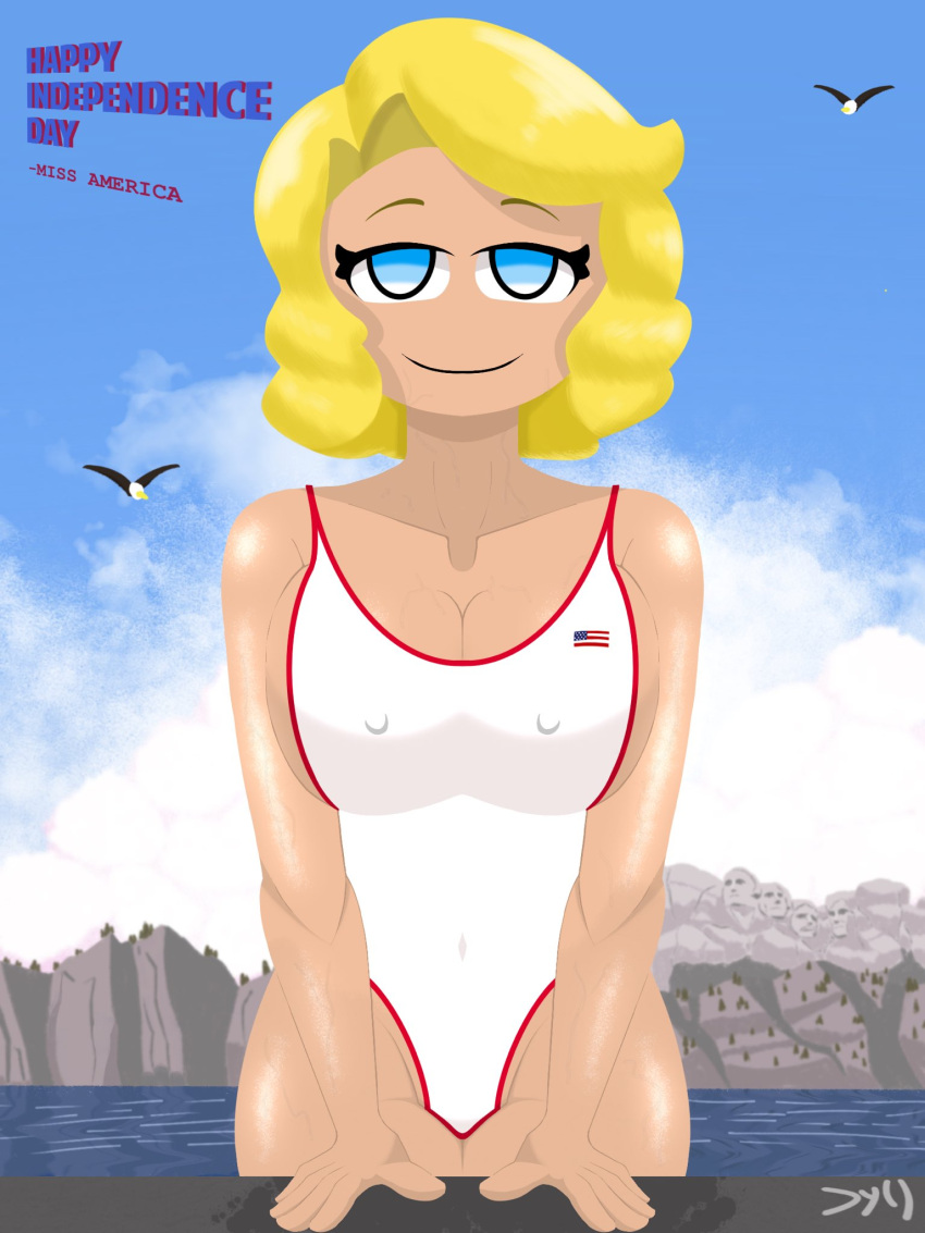 4th_of_july alternate_version_at_source birds cleavage dyllzone eagle edited female female_only flag glistening_body miss_america mount_rushmore mountain nipples_visible_through_clothing one_piece_swimsuit pinup short_hair signature smiling smiling_at_viewer solo solo_female solo_focus swimming_pool swimsuit swimwear