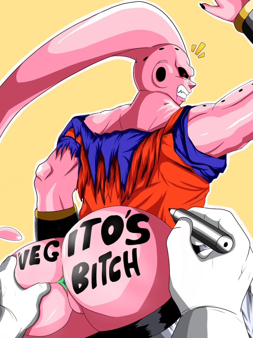 2boys angry angry_expression anus ass ass_focus dragon_ball dragon_ball_z duo fangs forced gay gloves green_anus humanoid humiliation insult majin_buu majinbuusama male/male male_only marker muscular muscular_male pants pants_down pink_body pink_skin pov presenting_butt red_eyes super_buu tagme text text_on_ass torn_clothes vegito warrior